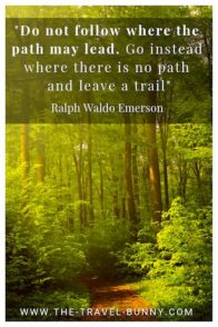 insightful quote about traveling ralph waldo emerson 不要随波逐流。去没有路的地方,留下足迹。拉尔夫·沃尔多·爱默生www.theopentour.com文本在树林中的路径图像