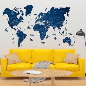2D彩色木材世界地图墙海军蓝