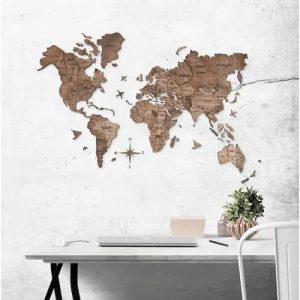 暗黑橡木墙的3D木制世界地图